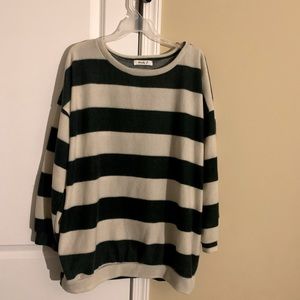 Cream/hunter green stripe sweater. 3/4 sleeve. Fuzzy/soft material.